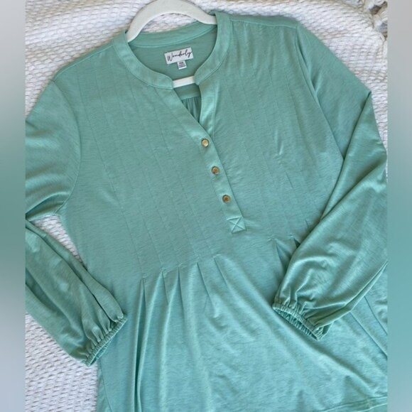 Wonderly Mint Green Pintuck Pleated Long Sleeve Blouse Size PM - Picture 5 of 9